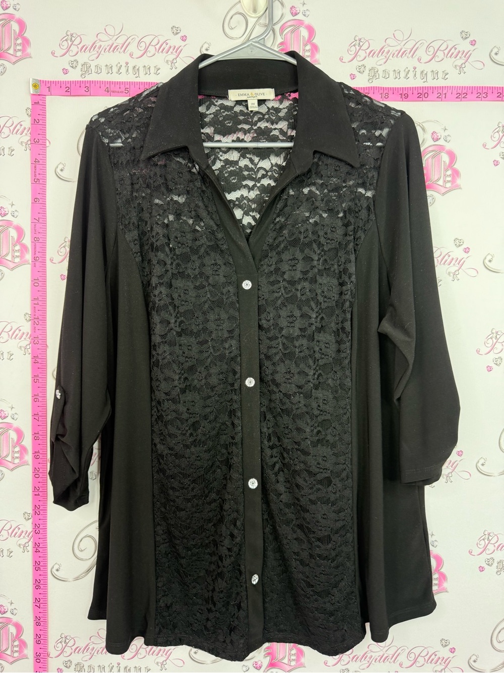 Emma and Olive shirt Black Lace Front Button-Down Blouse